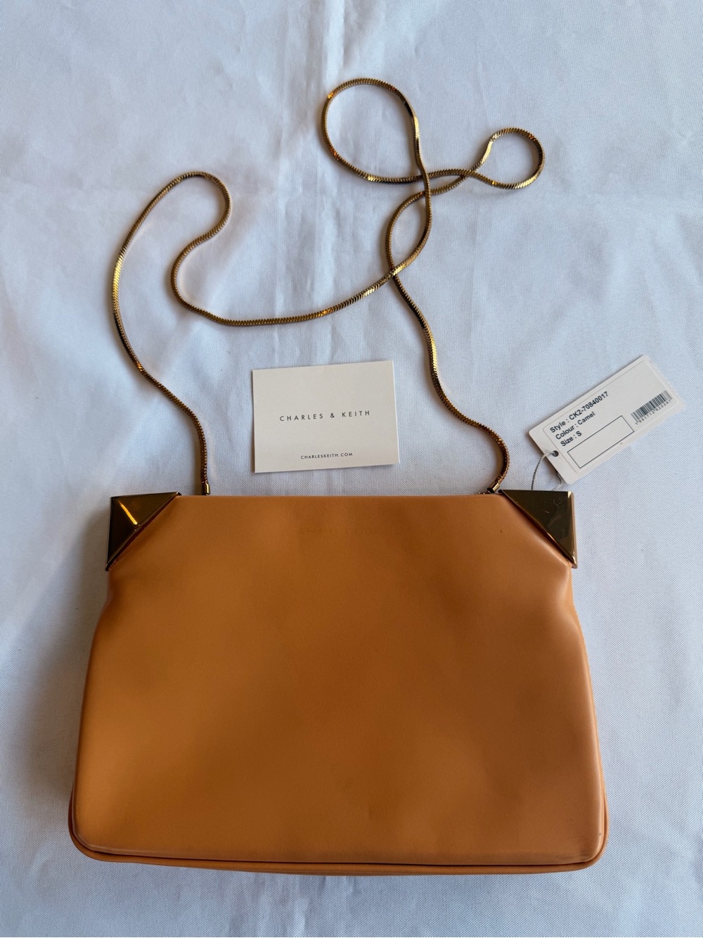 NWT Charles & Keith Camel Purse with Gold Tone Corner Accent & Snakechain